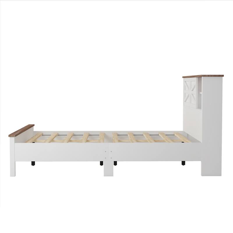 Farmhouse Platform Bed with Double Sliding Barn Door, Rustic Wood Bed