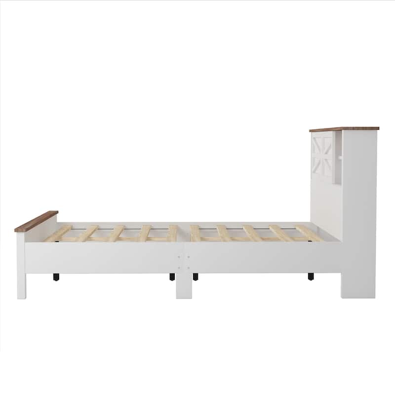 Queen Size Farmhouse Platform Bed with Sliding Barn Door and Charging Station