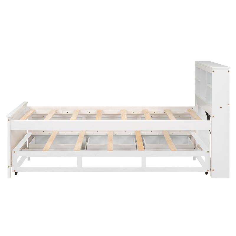 Twin Size Pine Wood Platform Bed Frame with 3 Drawers & Trundle