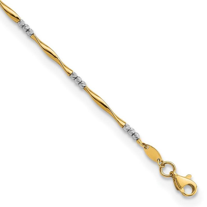 Curata 14k Two tone Gold Polished Sparkle Cut Wavy and Beaded Bracelet 7.5 Inch