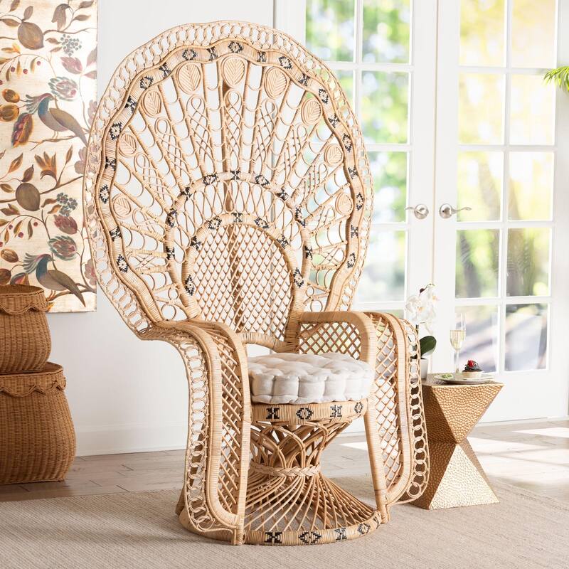 Nafisa Natural Rattan Peacock Chair - Handwoven Wicker Accent Chair with Fan Backrest and Removable Cushion, Boho Accent Seating