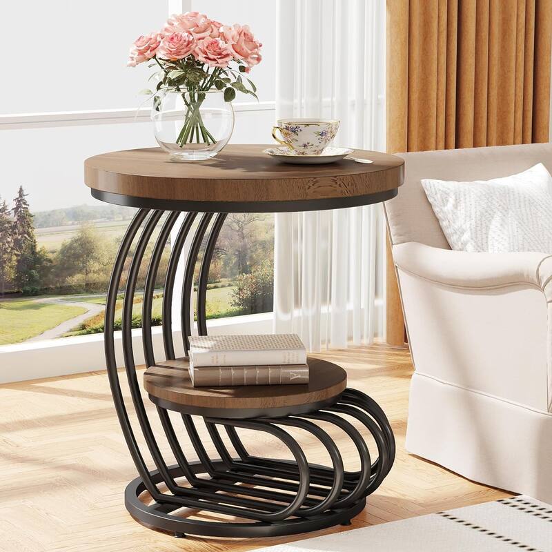 2 Tiers Faux Marble Side Table with Storage Shelf