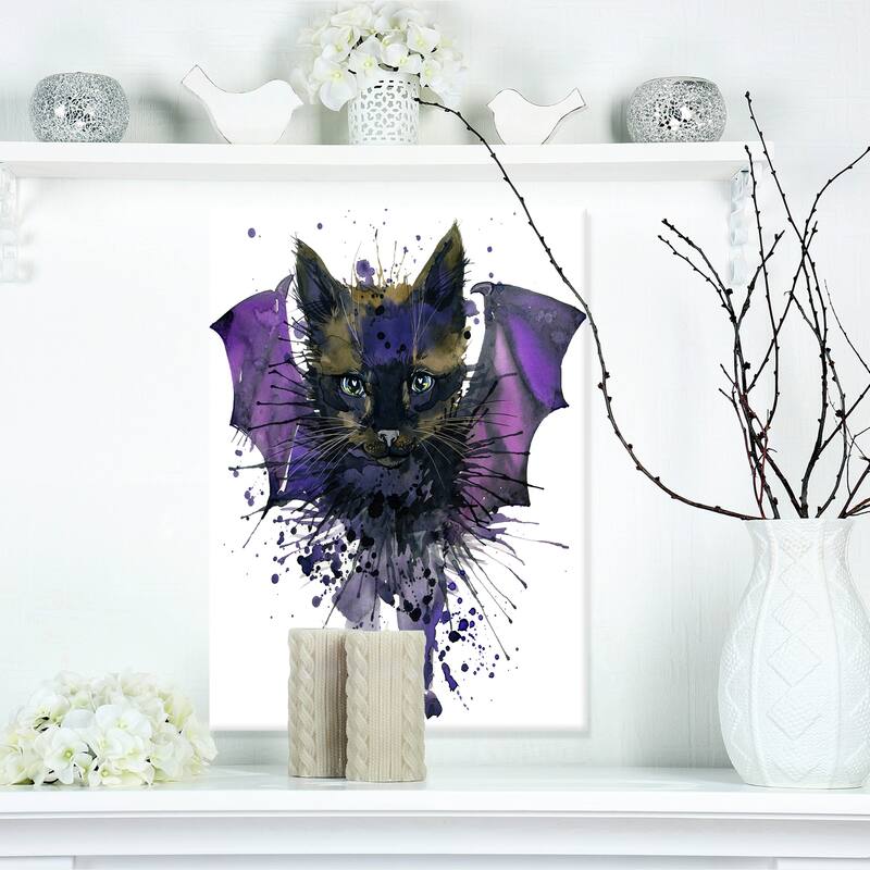 Designart "Black Cat with Blue Wings" Animal Canvas Wall Art - 12 in. wide x 20 in. high