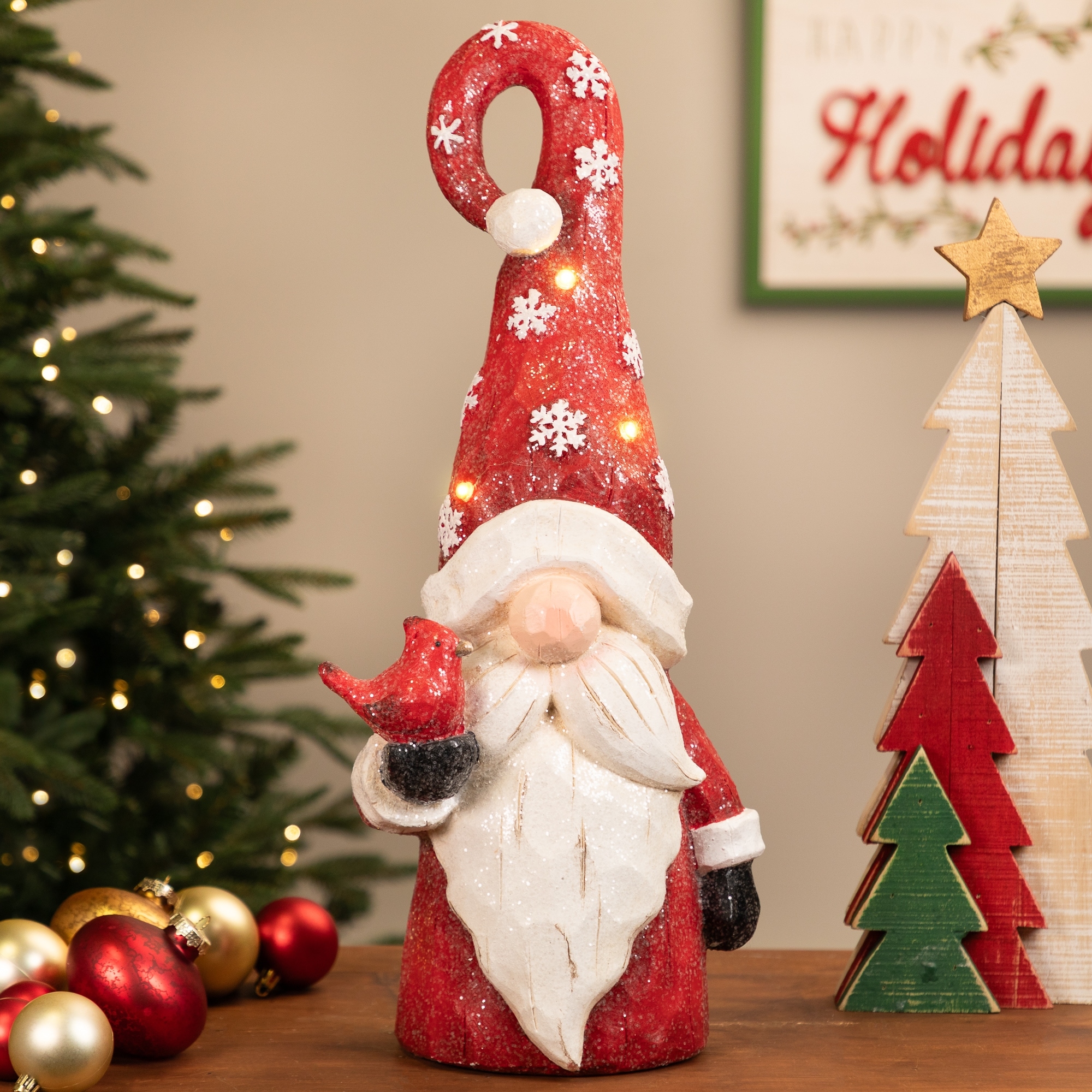 Gnome in Lighted Hat Holding Cardinal Christmas Decoration - 20" - LED Warm White Lights