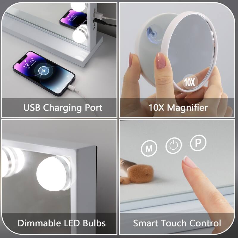 Makeup Mirror with 15 Dimmable LED Bulbs 3 Colors Lights & USB Charge Port, Slim Metal Frame Design, Tabletop/Wall