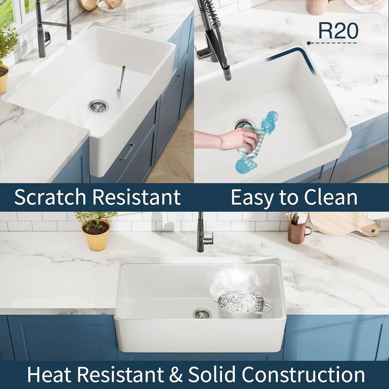 33 inch Sink, Fireclay Kitchen Sinks Farmhouse Ceramic Porcelain Single Bowl Deep Large Capacity Kitchen Sink