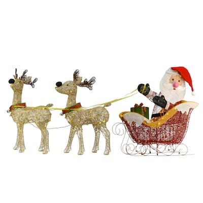 National Tree Company 34 in. Santa and Reindeer With Clear Lights - Champagne - 34 in