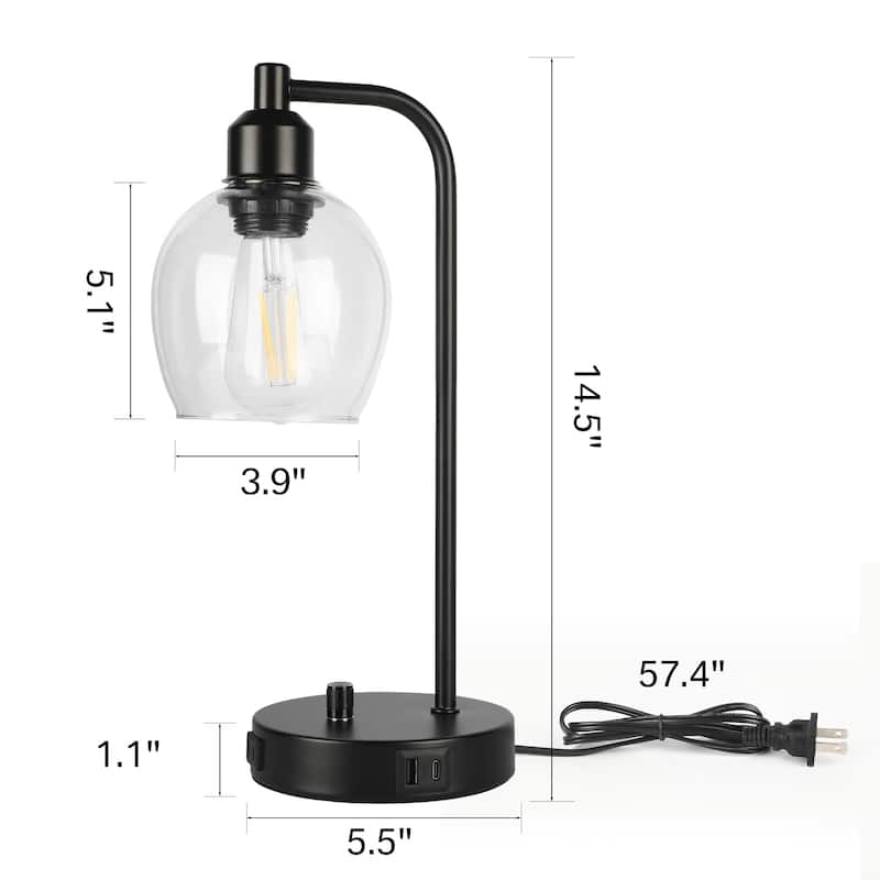 14.5 in. Industrial Table Lamp with Glass Shade with USB Port and Outlet