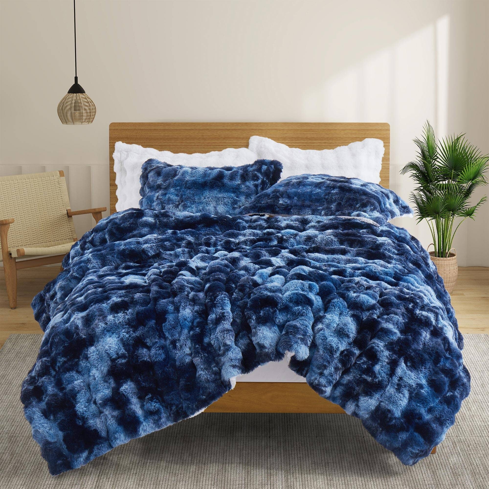Dual Side Fluffy Faux Rabbit Fur Comforter Set Winter Plush Fuzzy Bedding Set