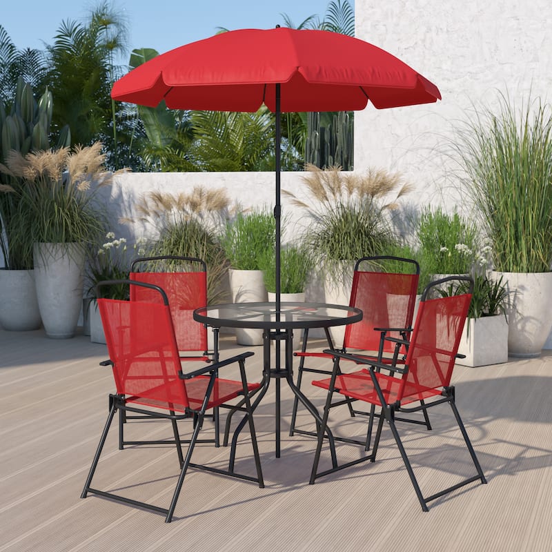 Nantucket 6 Piece Patio Garden Set with Table, Umbrella and 4 Folding Chairs - Red