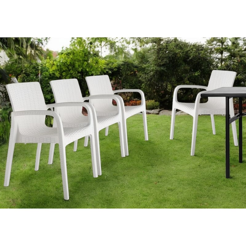 HomeRoots Set of Two White Faux Rattan Heavy Duty Plastic Outdoor Stacking Arm Chairs - White