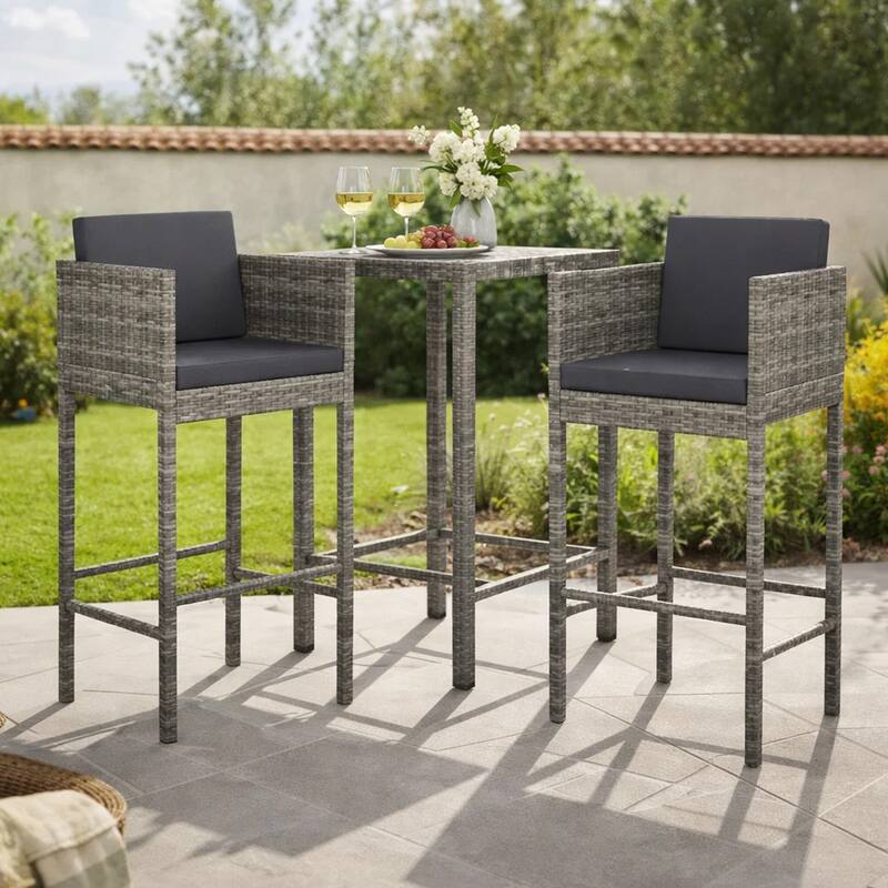 Lexy Outdoor Barstool Chairs Set of 4, Black Fabric and Gray Rattan