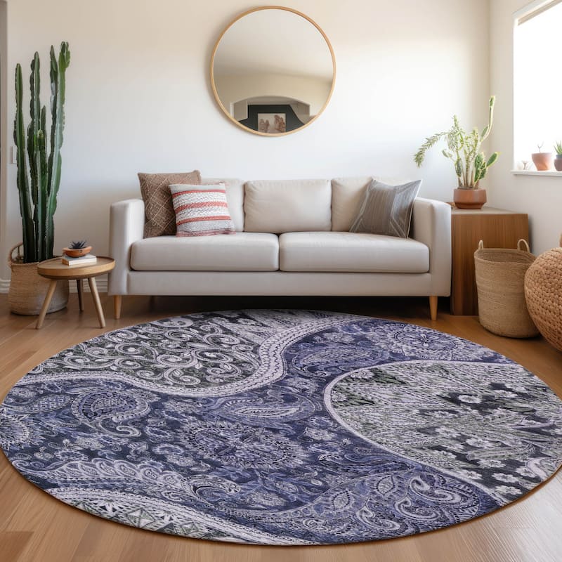 Machine Washable Indoor/ Outdoor Modern Paisley Chantille Rug - Navy - 8' x 8'