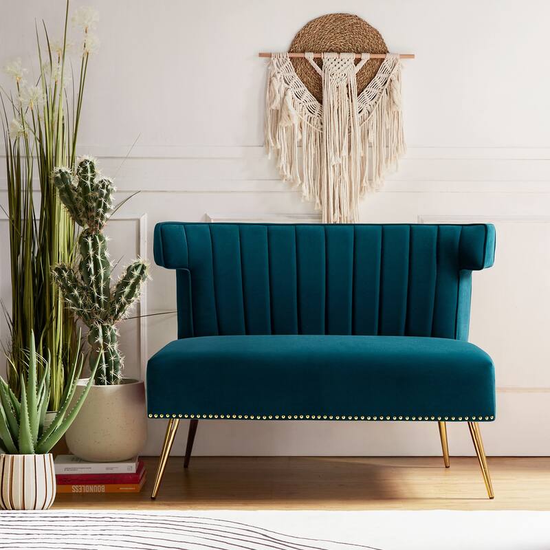 Aeneas 46"in. Modern Velvet Wingback Tufted Nailhead Trim Loveseat with Metal Adjustable Legs by HULALA HOME
