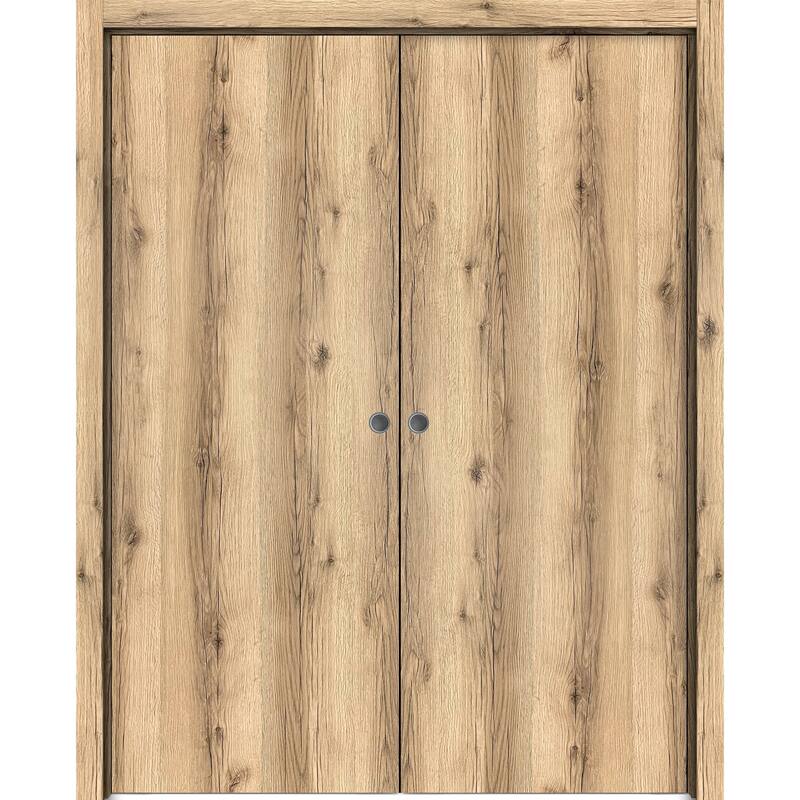 Sliding French Double Pocket Doors 36 x 80 inches | Planum 0010 Oak | Kit Trims Rail Hardware - 84" x 80" ( 2* 42x80)