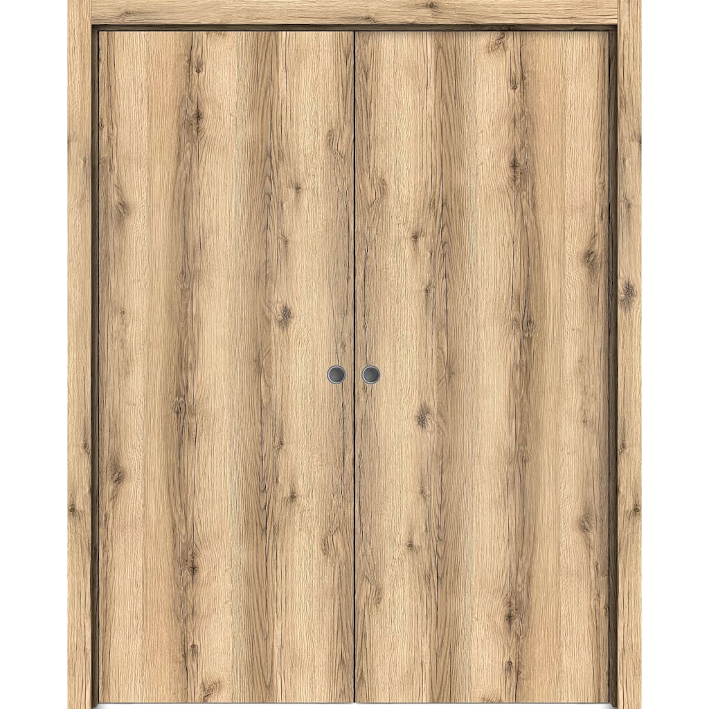 Sliding French Double Pocket Doors 36 x 80 inches | Planum 0010 Oak | Kit Trims Rail Hardware