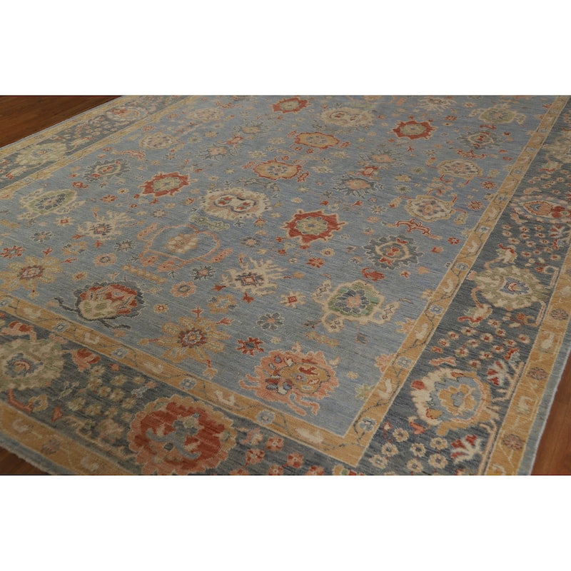 Hand Knotted Oriental 100% Wool Carpet Transitional All-Over Navy Blue & Blues Oushak Area Rug - 12' 0'' X 8' 10''