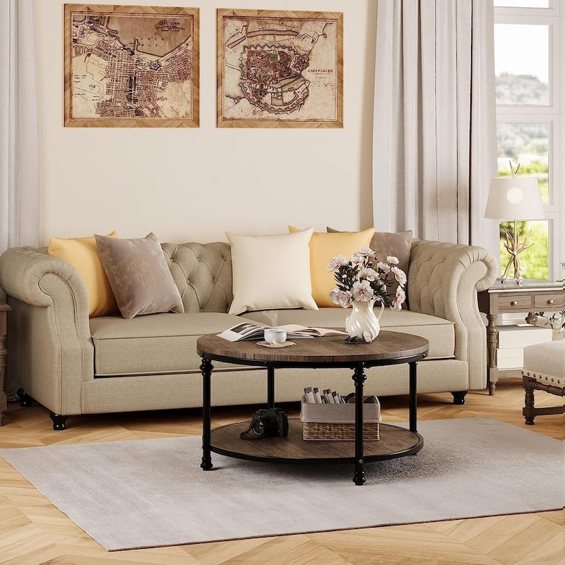 Round Coffee Table for Living Room Rustic Center Table with Storage Shelf