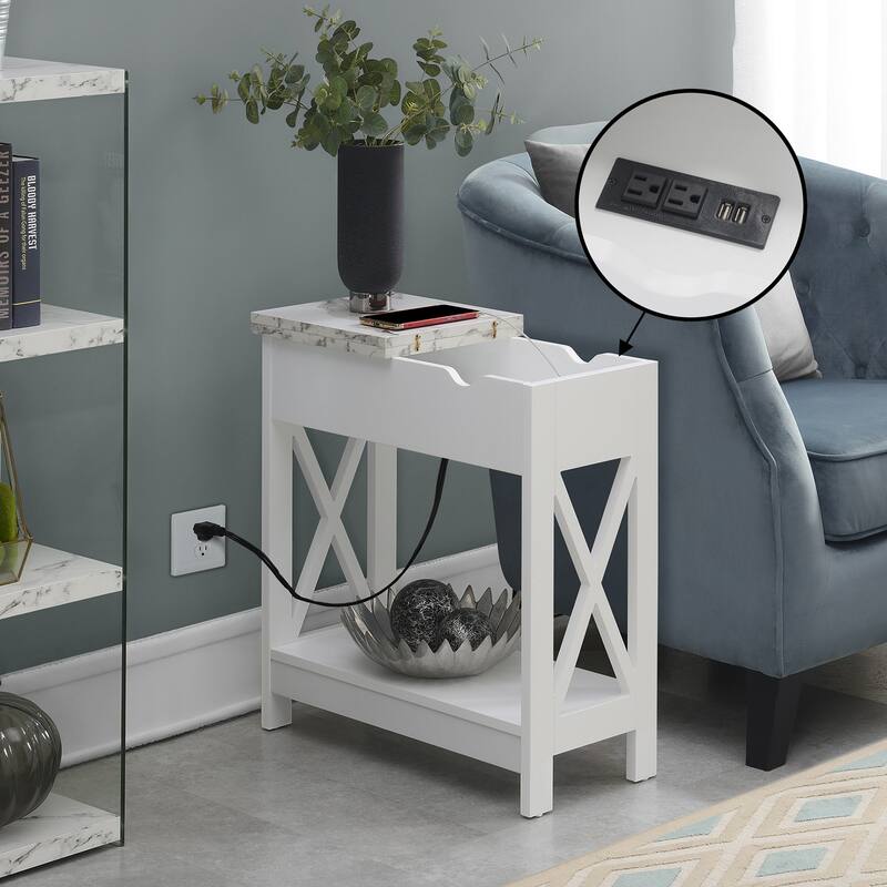 Convenience Concepts Oxford Flip Top End Table with Charging Station and Shelf - White Faux Marble/White