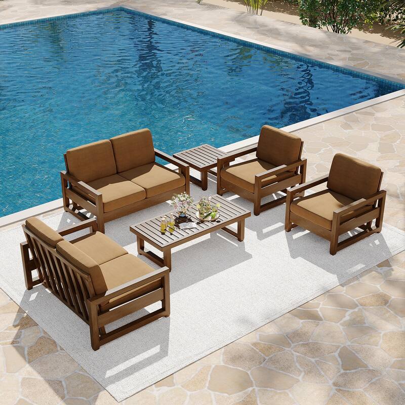 7-Piece Outdoor Teak Wood Conversation Set with Loveseat, Chairs and Tables - Light Brown/Brown wood