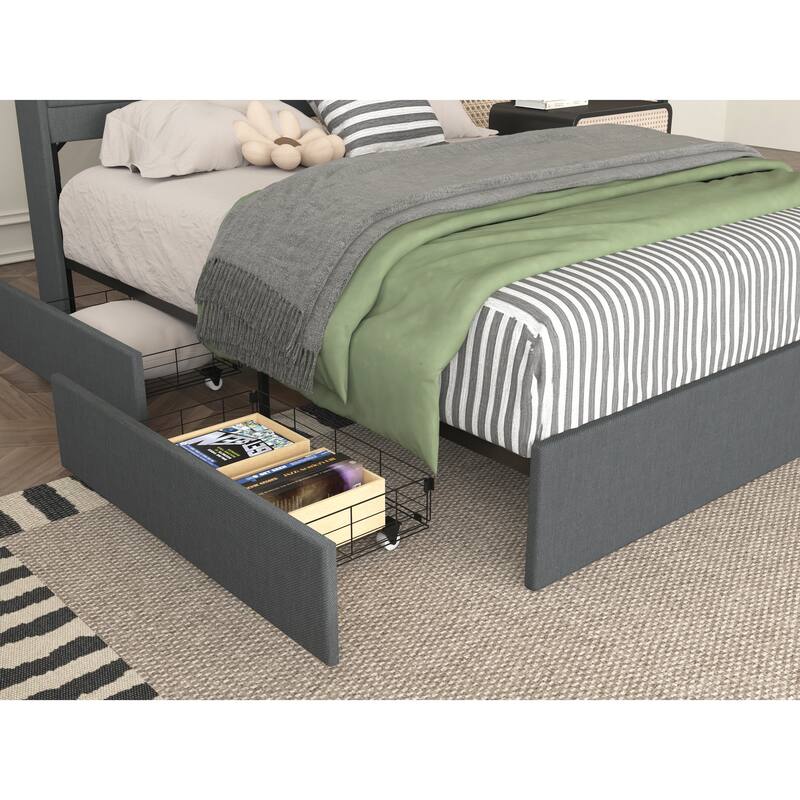Platform Storage Bed Frame with 4 Underbed Drawers/Headboard with 2 Shelves/LED Light/Charging Station/Noise Free - Black Gray