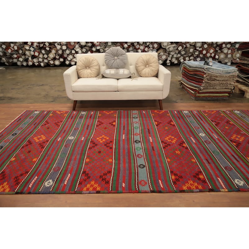 Hand Woven Oriental 100% Wool Carpet Southwestern Tribal Red Kilim Area Rug - 12' 0'' X 6' 5''