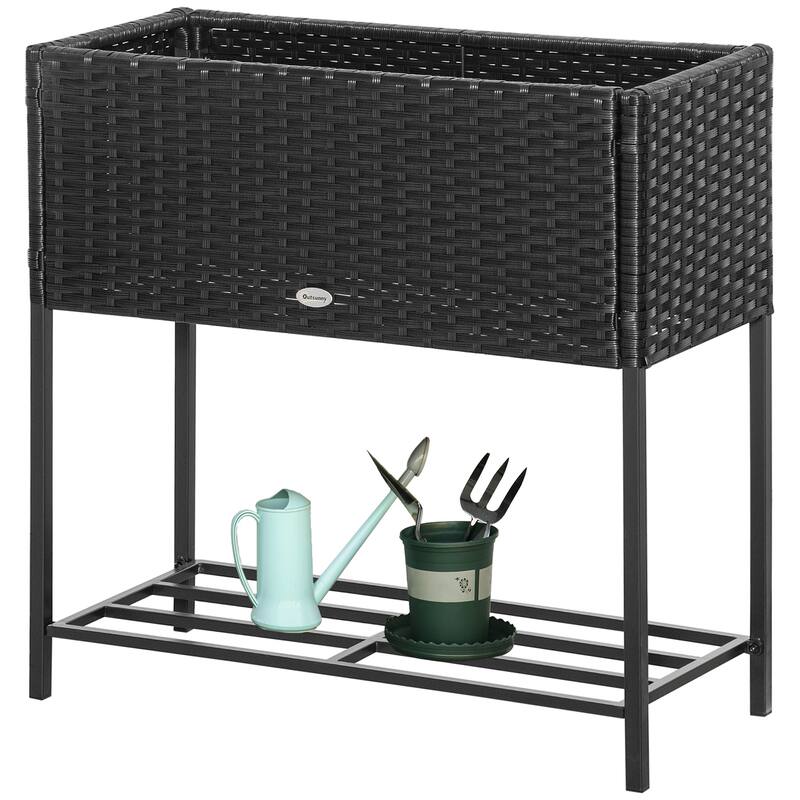 Modern Minimalist Garden Bed with Rattan Wicker Look Tool Storage Shelf, for Herbs Vegetables Flowers, Black - 8' x 10'