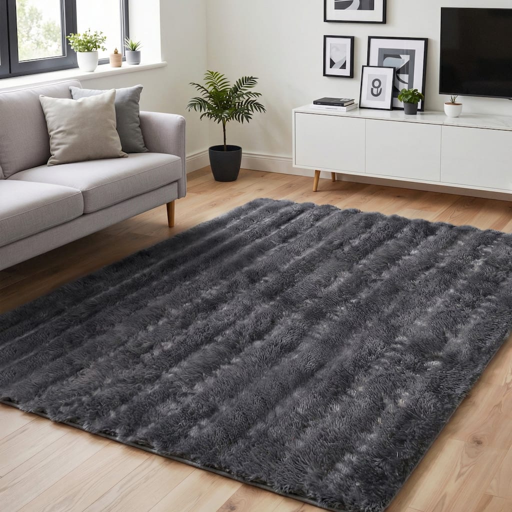 Mcow Solid Collection Grey Shaggy High-Pile Plush Area Rug
