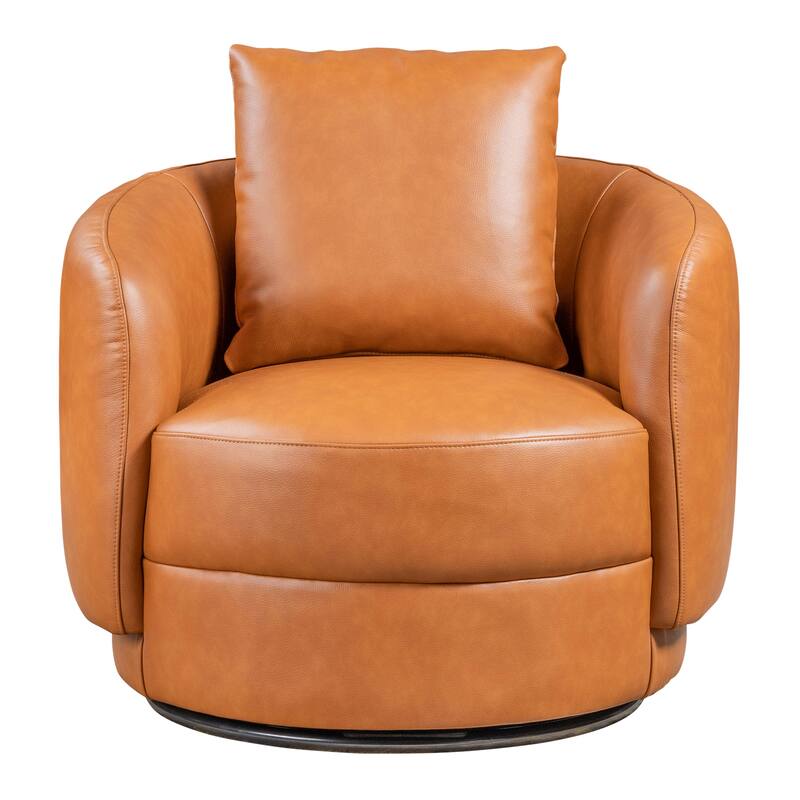 Haas Mid Century Modern Cognac Leather Swivel Barrel Chair