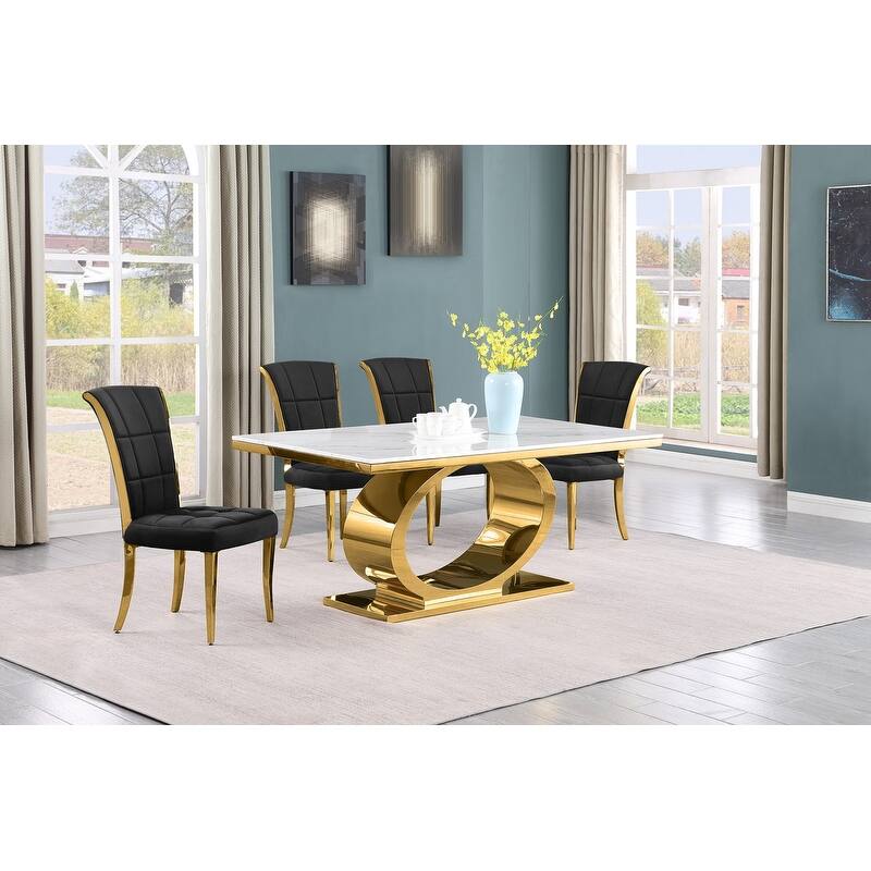 Best Quality Furniture D430/1-SC320-7 Dining Set with 68" White Marble Top - 5-Piece - Black / Gold