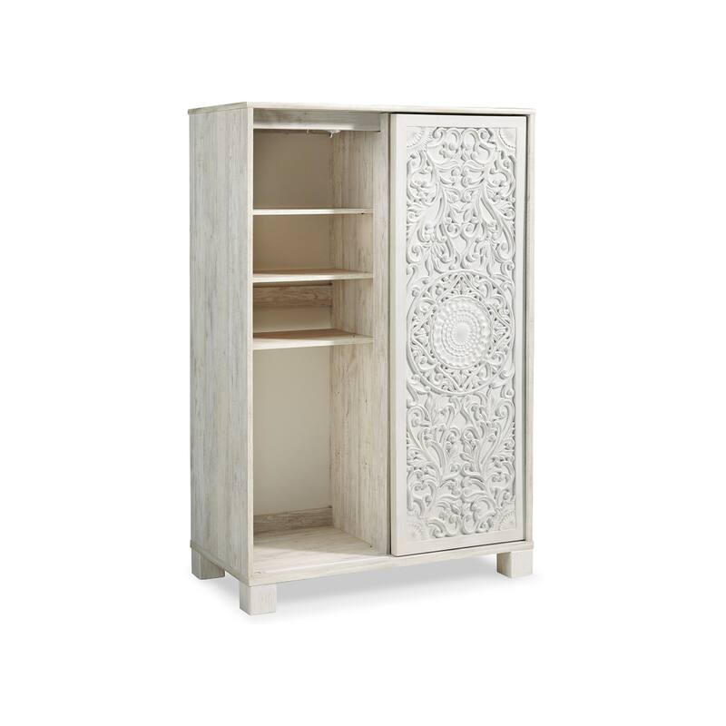 Paxy Tall Dresser Chest, 5 Drawers, Carved Sliding Door, Whitewash