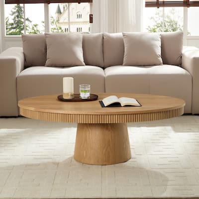 Ellipse Drum Accent Table Modern Oval Handcraft Coffee Table with Fluted Design and Sturdy Pedestal for Living Room