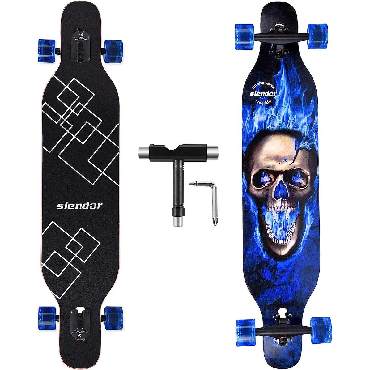 Blue Skull Longboard Skateboard 42 inch Drop Through Deck