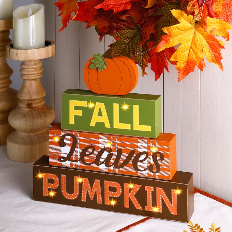 Glitzhome 12"H LED Lighted Fall Wooden Block Word Sign
