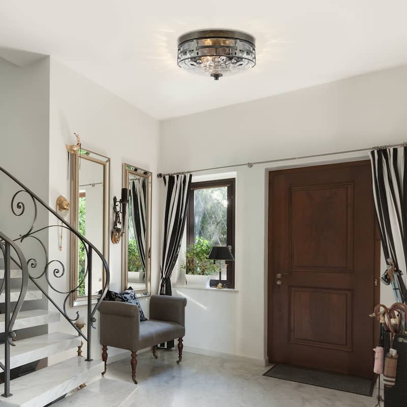 Zarbel Modern Farmhouse Drum 3-Light Rustic Faux Wood Accent Flush Mount Ceiling Light with Water-Rippled Glass Shade