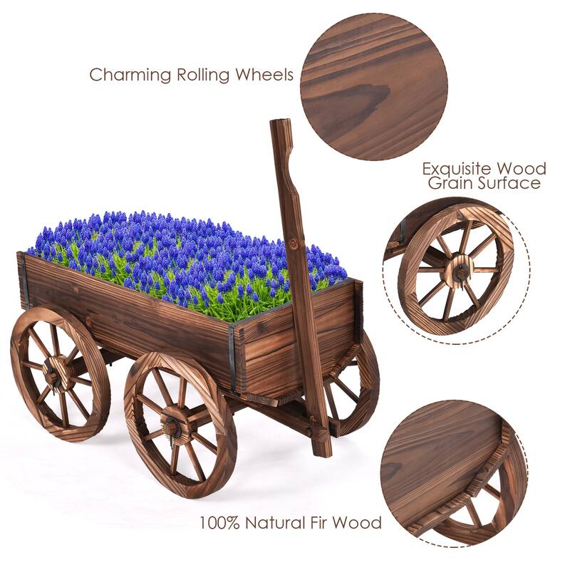 Costway Wood Wagon Flower Planter Pot Stand W/Wheels Home Garden
