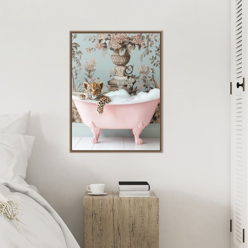 Leopard Pink Bubble Bath by Niky Rahner Framed Canvas Wall Art