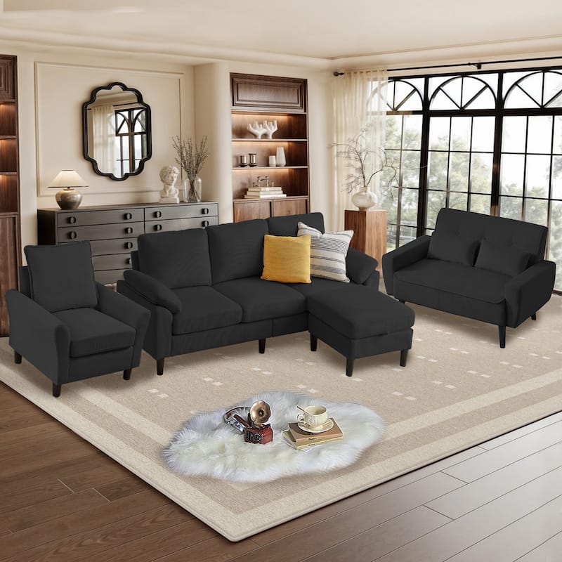 4-Piece Corduroy Living Room Sectional Sofa Set with Loveseat and Chair