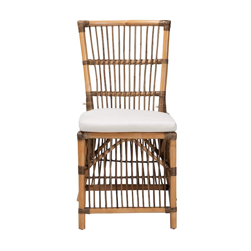 Kim Modern Bohemian White Fabric and Natural Brown Rattan Dining Chair