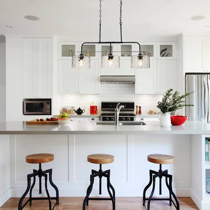 Modern 3-Light Black Pendant Light with Water Ripple Glass Shades for Dining and Living Room