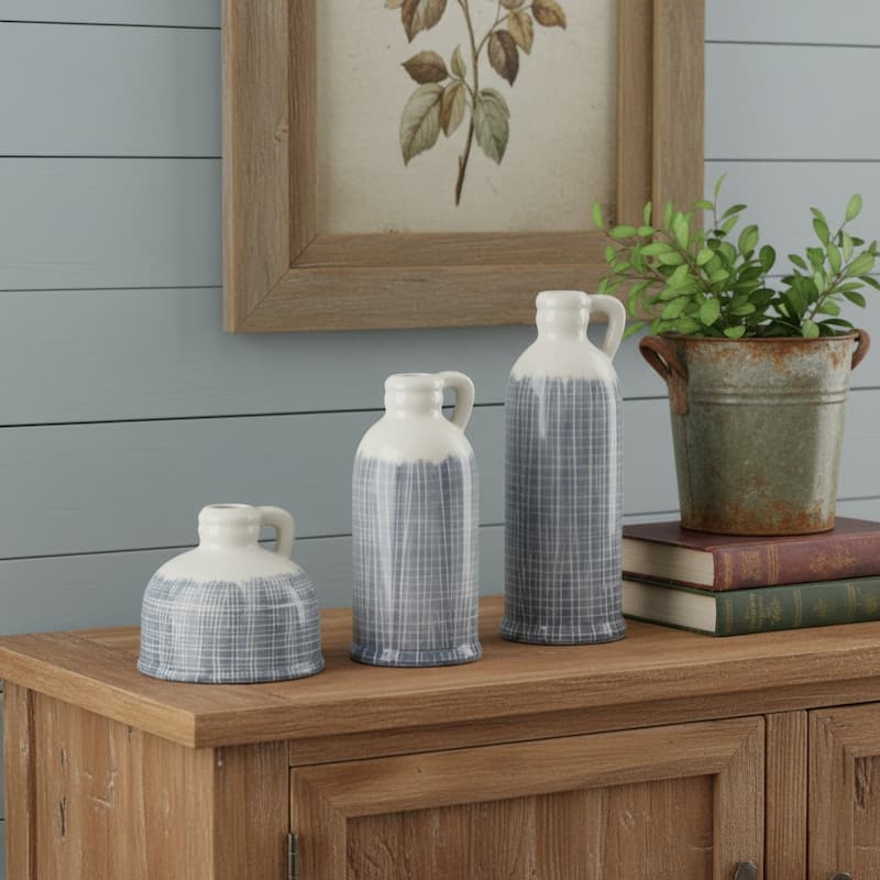 Set of Three Off White And Blue Clay Checkered Jug Vases - 4.00 - White/Blue - 4.00