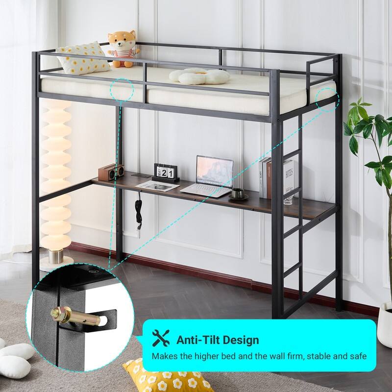 Twin Square Tube Raised Bed With Table Outlet LED Light Strip Iron Bed USA