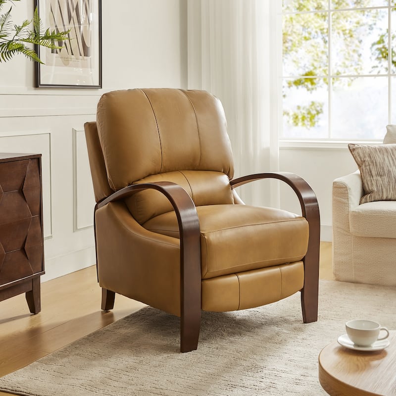Alex Mid-century Modern Cigar Genuine Leather Manual Recliner with Wooden Curved Arms - Camel