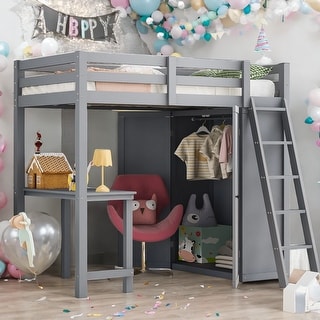 Twin Size Loft Bed with Wardrobe and Desk, Maximized Space, Grey