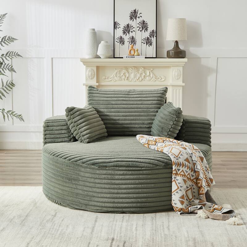 Oversized Round Chaise Lounge Corduroy Upholstered Single Sofa Chair with Cylindrical Neck Pillow and Integrated Backrest - Green