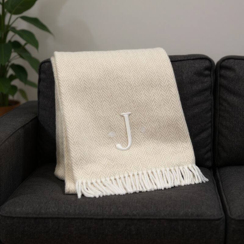HomeRoots 55" X 70" Linen And White Herringbone Cotton Blend J Throw Blanket with Tassels And Embroidery - Throw - Linen/White