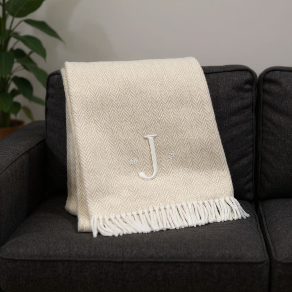HomeRoots 55" X 70" Linen And White Herringbone Cotton Blend J Throw Blanket with Tassels And Embroidery