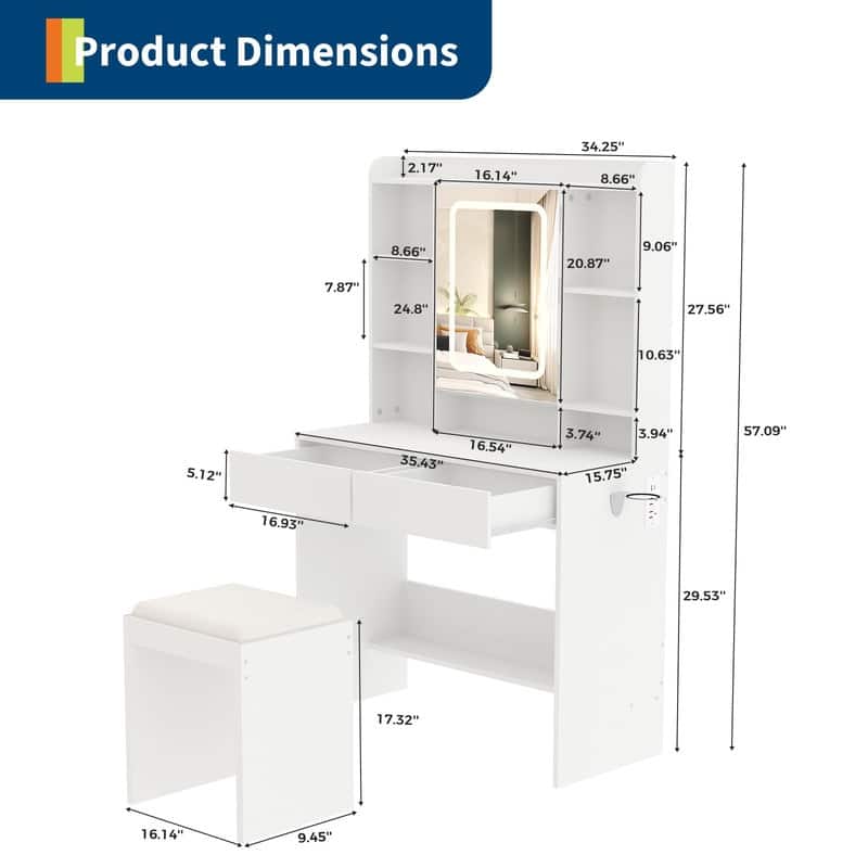 Vanity Desk with LED Mirror, Storage Drawers, USB Outlets, and Padded Stool