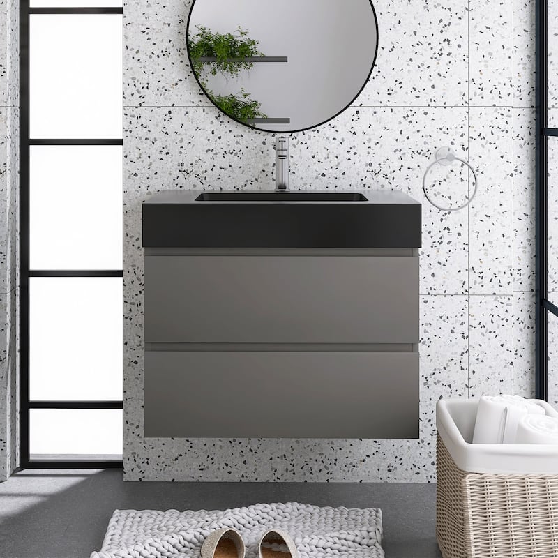 24"/30"/36" Wall-Mounted Bathroom Vanity Set with Black Integrated Quartz Sand Sink - 30" x 18" - Painted - Grey
