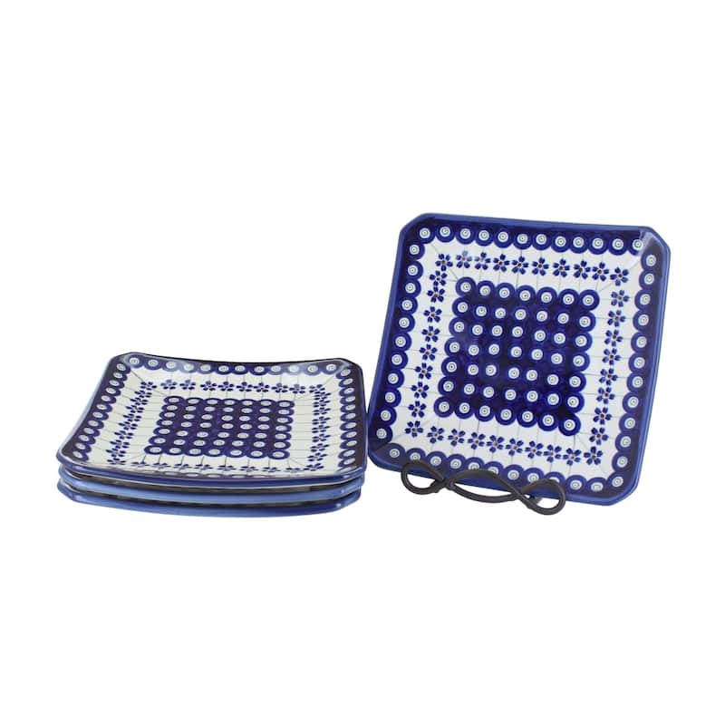 Blue Rose Polish Pottery 2040-4 Zaklady Sq Dessert Plate Set - Flowering Peacock